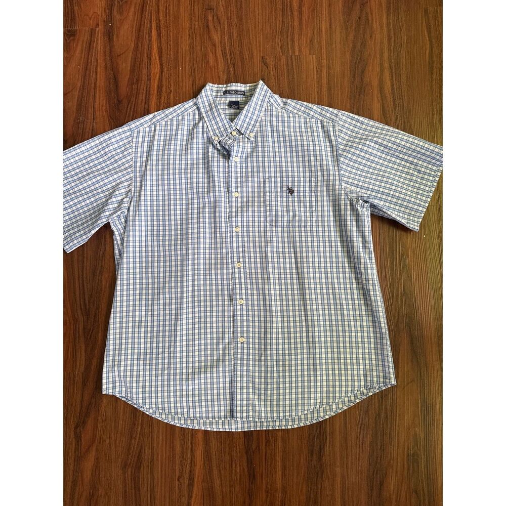 U.S. Polo Assn. Men's XL Short Sleeve Blue White Plaid Pocket 100% Cotton